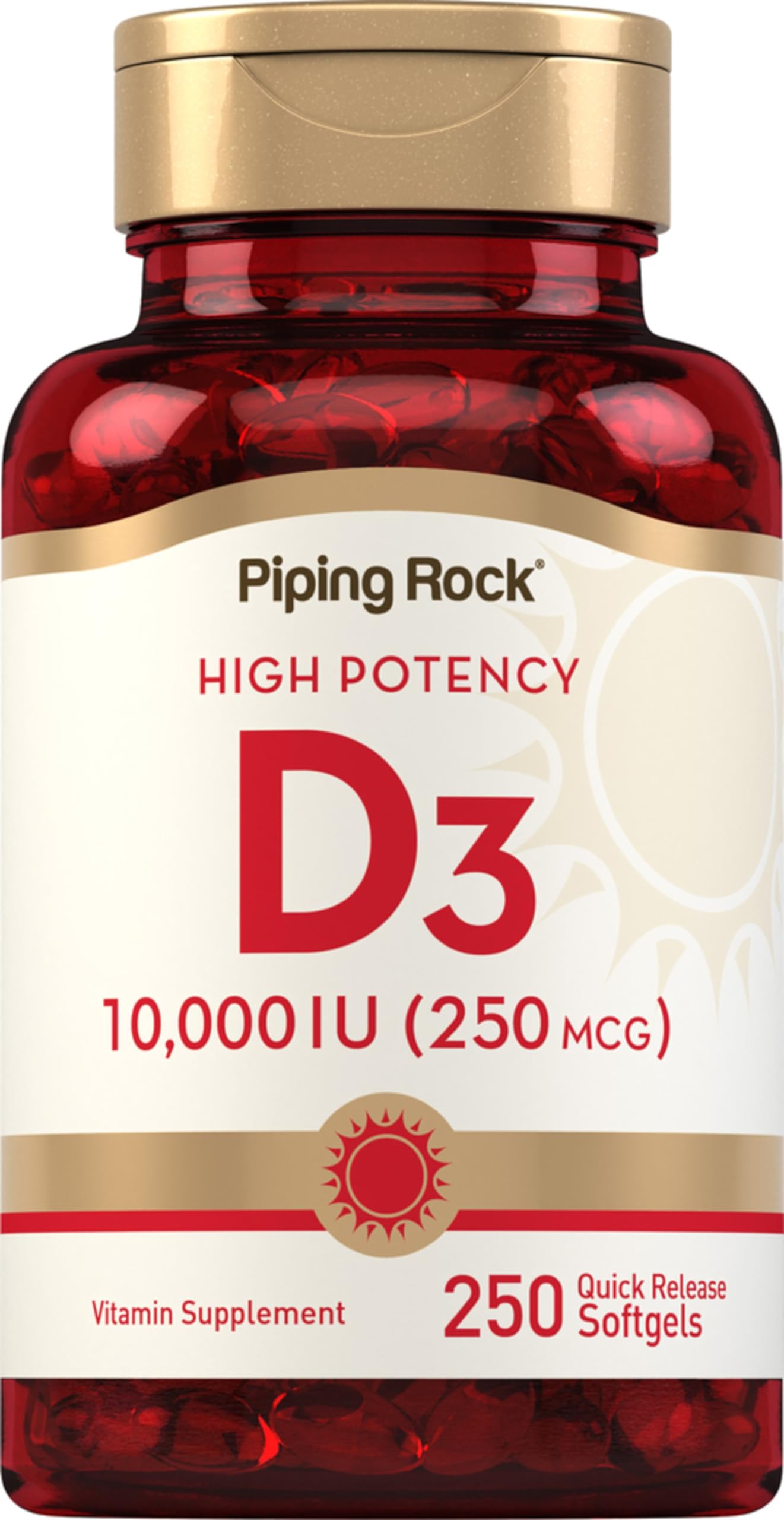 Bottle of Piping Rock Vitamin D3 10000 IU softgels