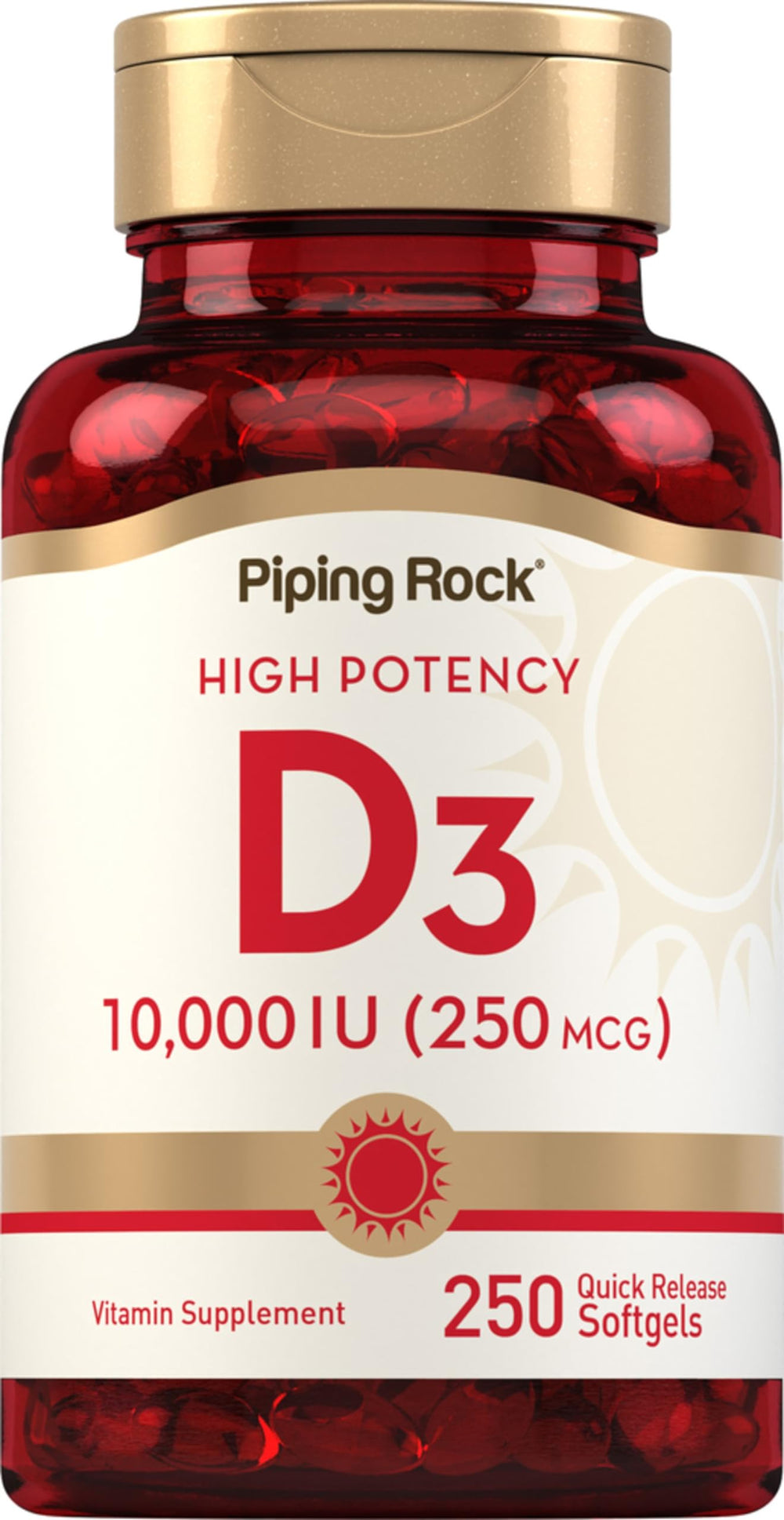 Bottle of Piping Rock Vitamin D3 10000 IU softgels
