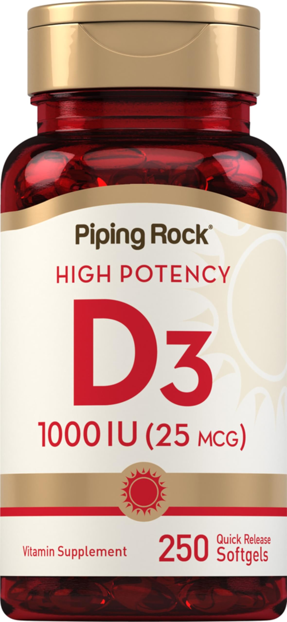 Front view of Piping Rock Vitamin D3 1000IU softgels bottle