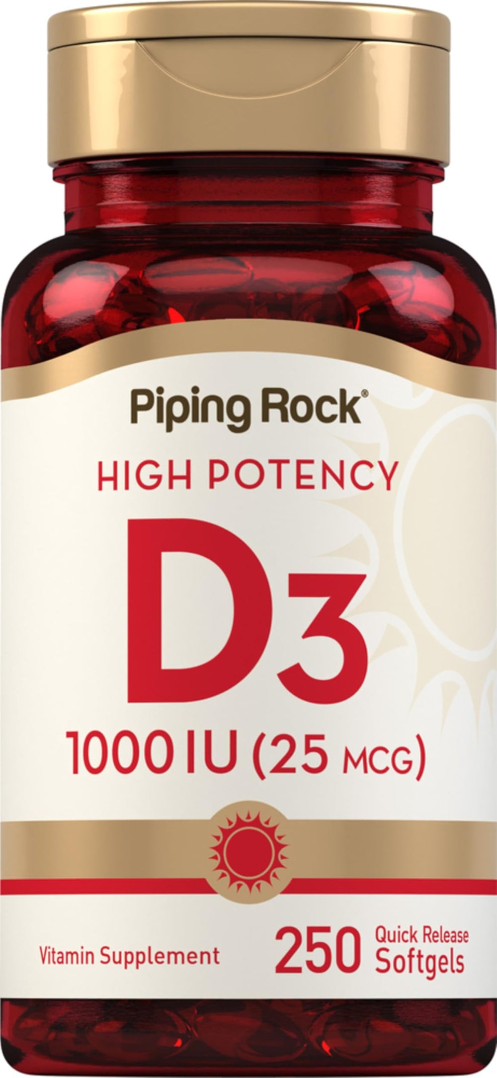 Front view of Piping Rock Vitamin D3 1000IU softgels bottle