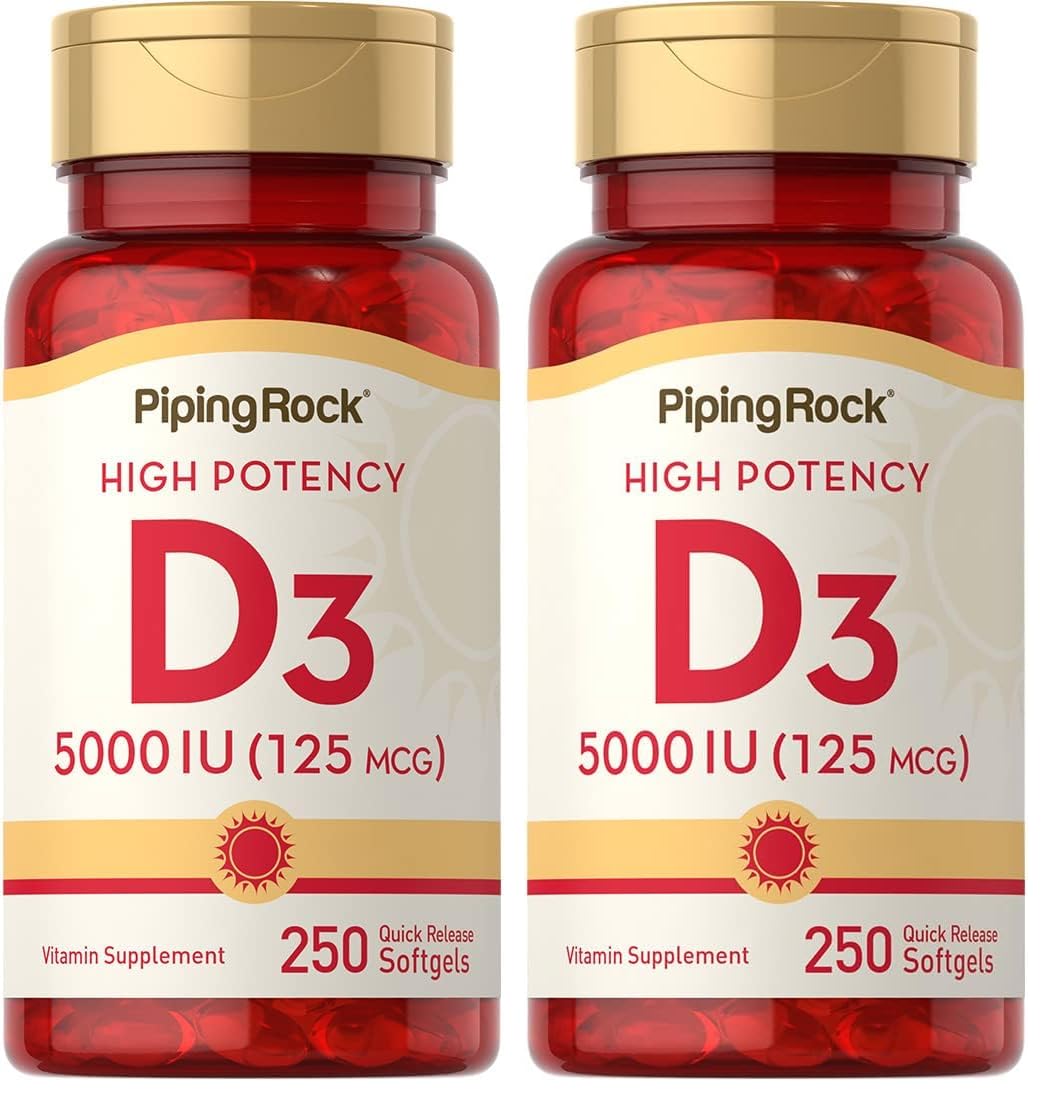 Piping Rock Vitamin D3 5000 IU softgels bottle for easy daily routine.