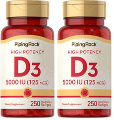 Piping Rock Vitamin D3 5000 IU softgels bottle for easy daily routine.