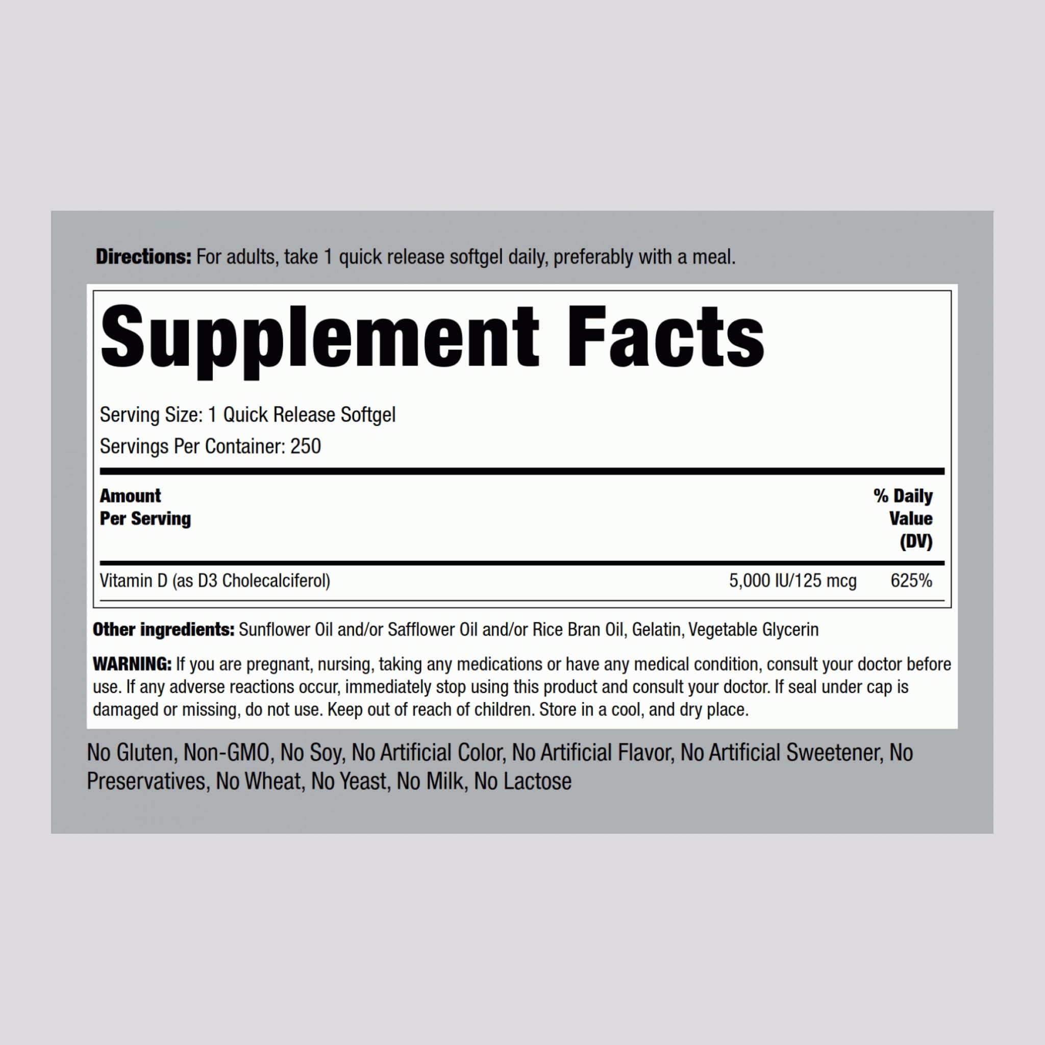Piping Rock Vitamin D3 5000 IU label closeup highlighting non-GMO, gluten-free features.