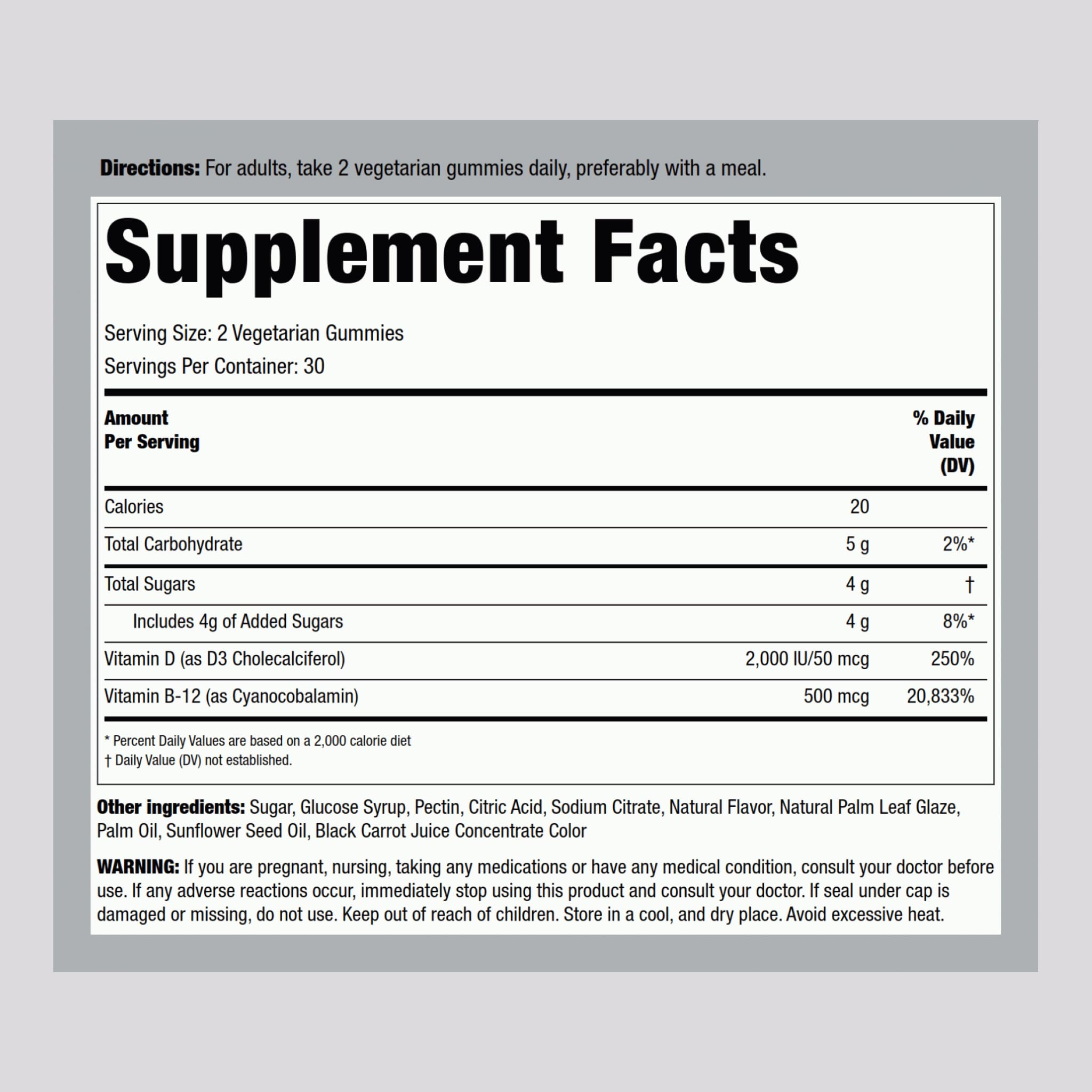 Back of vitamin gummies bottle with supplement facts, pack of 2