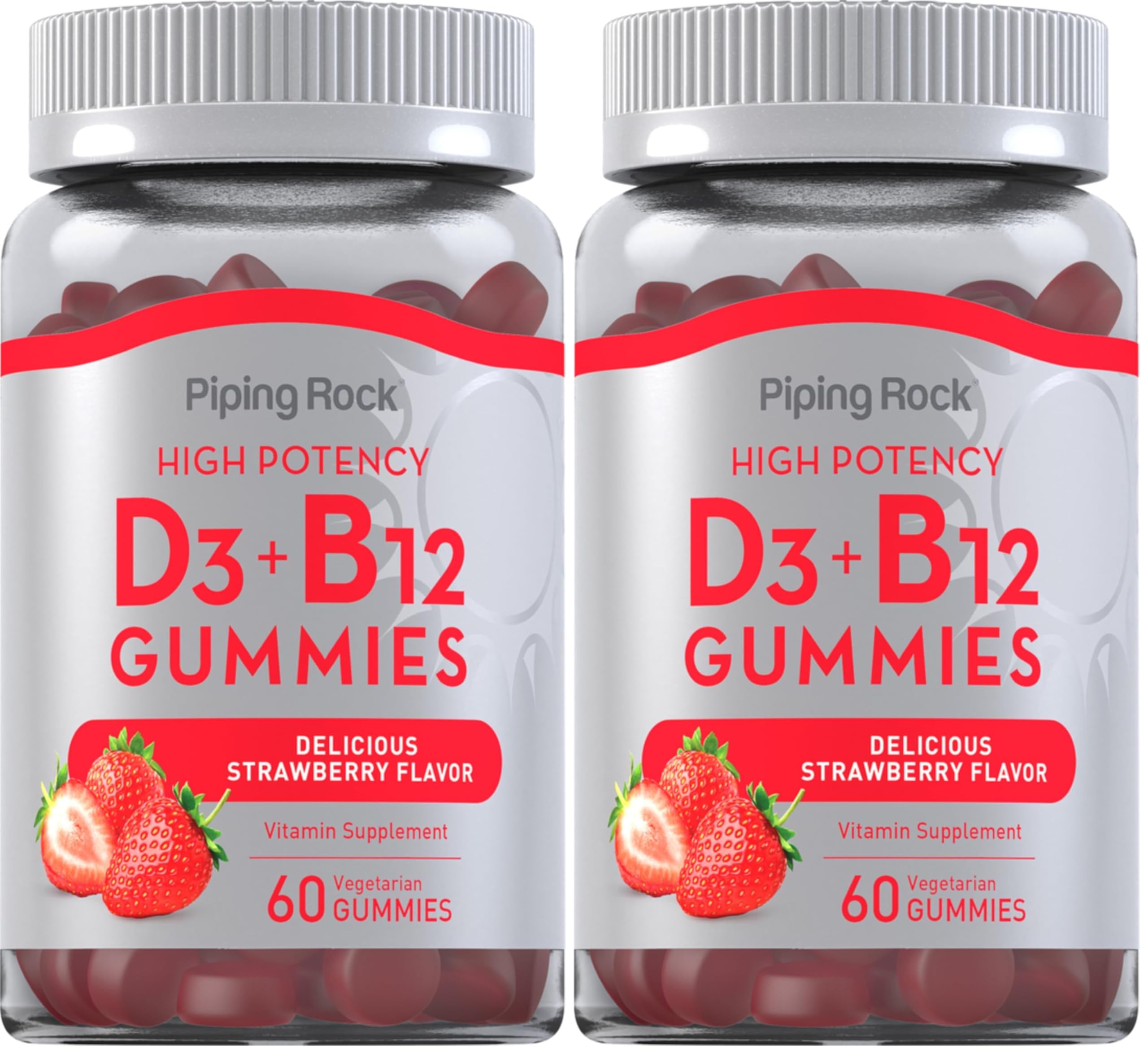 Piping Rock Vitamin D3 & B12 Gummies Strawberry flavor bottle front view, pack of 2