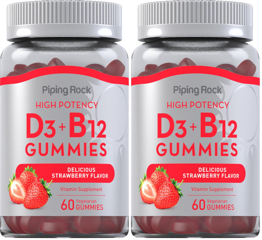 Piping Rock Vitamin D3 & B12 Gummies Strawberry flavor bottle front view, pack of 2