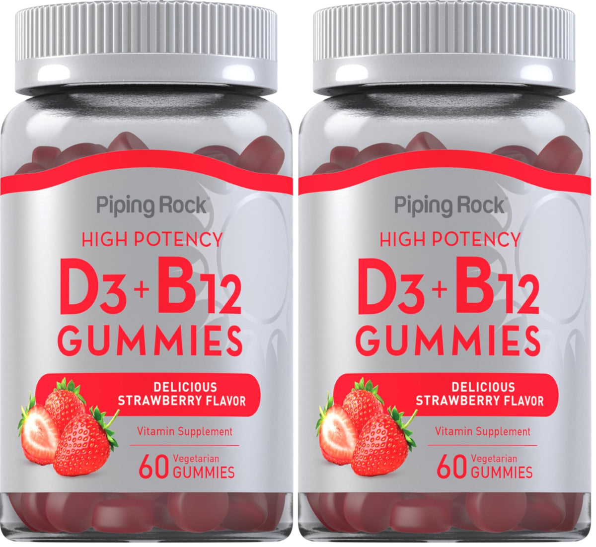 Piping Rock Vitamin D3 & B12 Gummies Strawberry flavor bottle front view, pack of 2