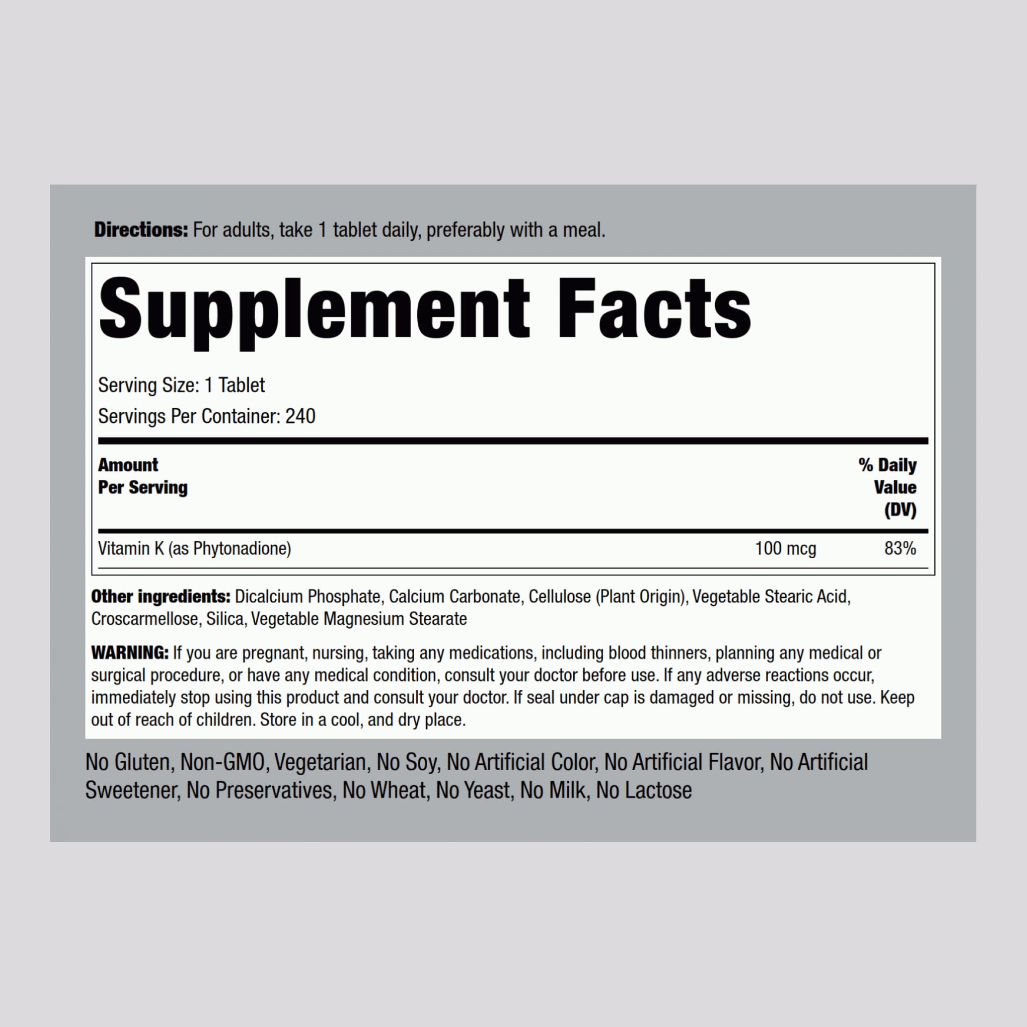 Piping Rock Vitamin K (Phytonadione) 240 tablets product image