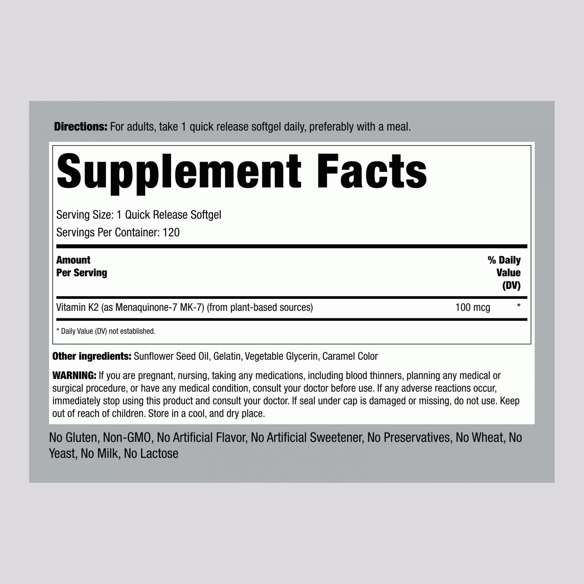 Close-up of Vitamin K2 MK7 bottle back label