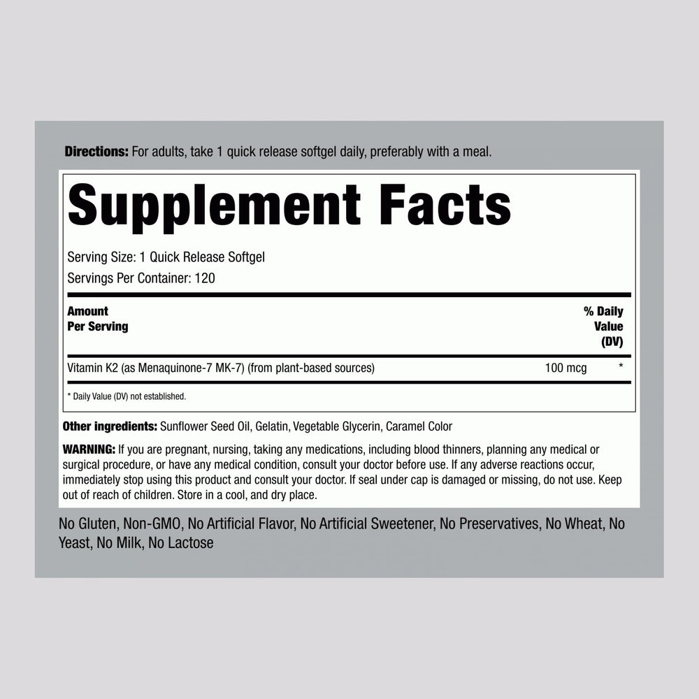 Close-up of Vitamin K2 MK7 bottle back label