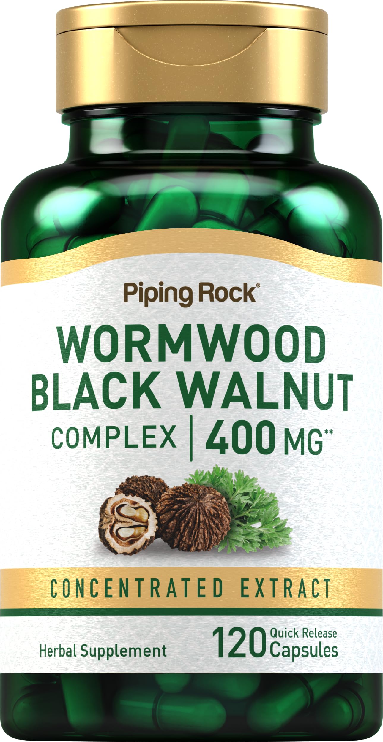Bottle of Piping Rock Wormwood Black Walnut Capsules 400mg, 120-count