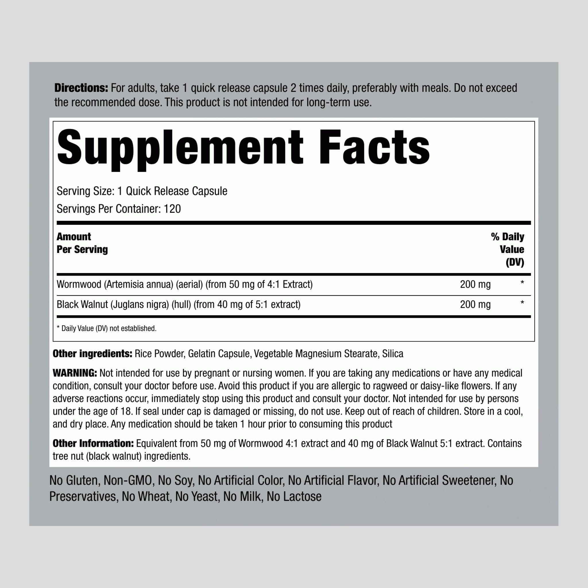 Product label for Wormwood Black Walnut Capsules