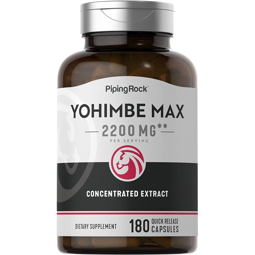 Bottle of Piping Rock Yohimbe supplements for men with 180 capsules and 2200 mg per serving