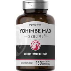 Bottle of Piping Rock Yohimbe supplements for men with 180 capsules and 2200 mg per serving