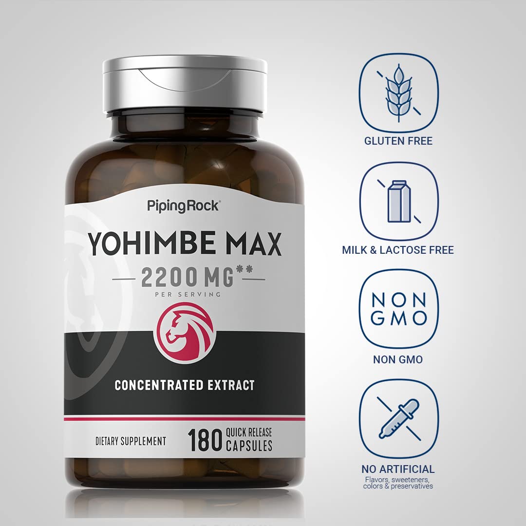 Close-up of Yohimbe supplement bottle showing 180 capsules