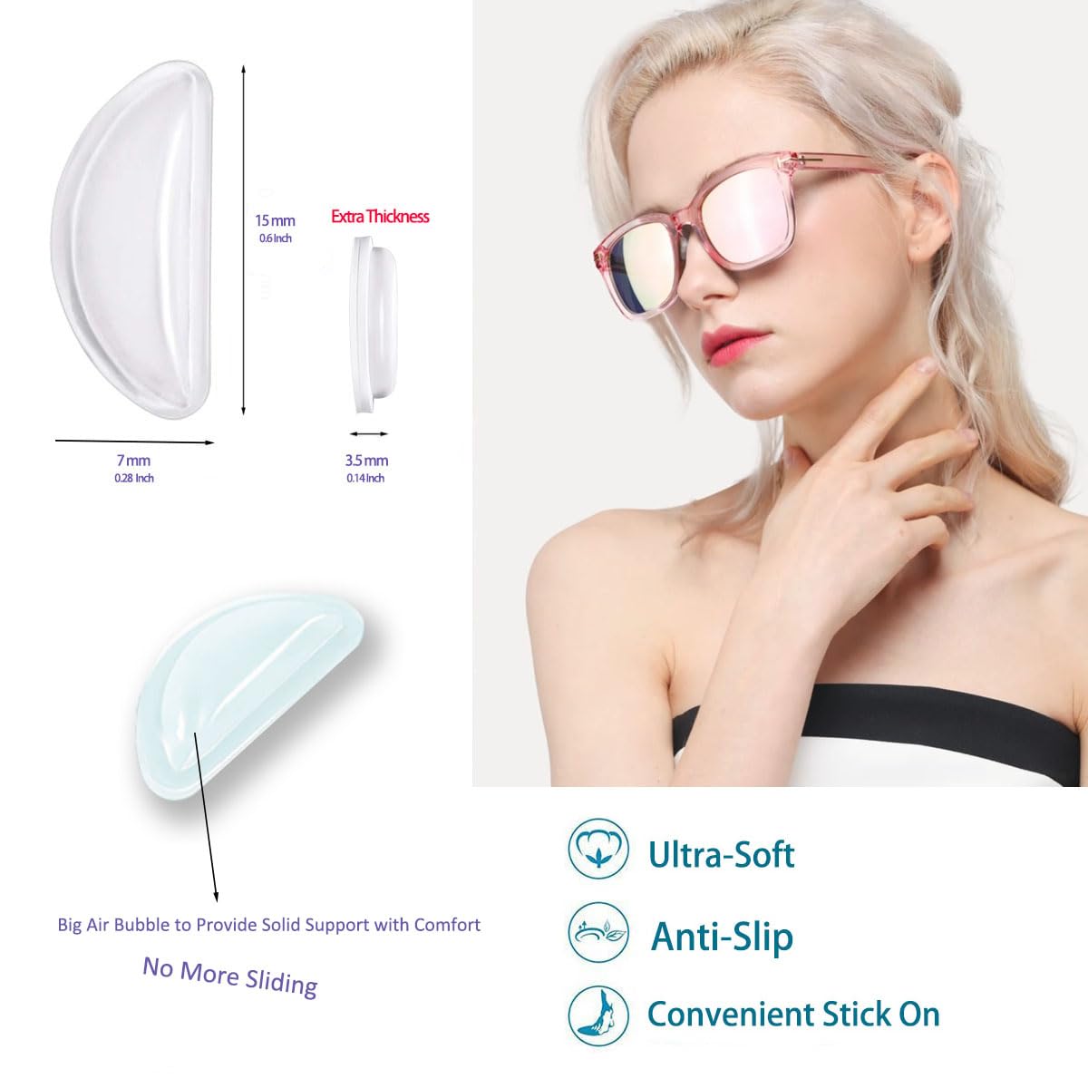 Soft silicone eyeglass nose pad with airbag design