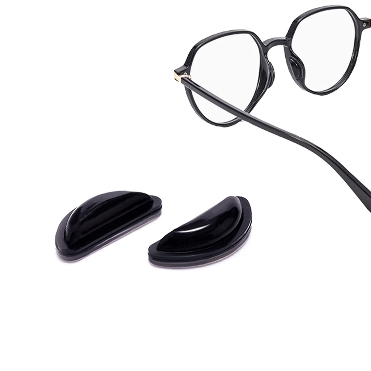 PIPJOY adhesive anti-slip silicone eyeglass nose pads – 10 black pairs (front close-up).