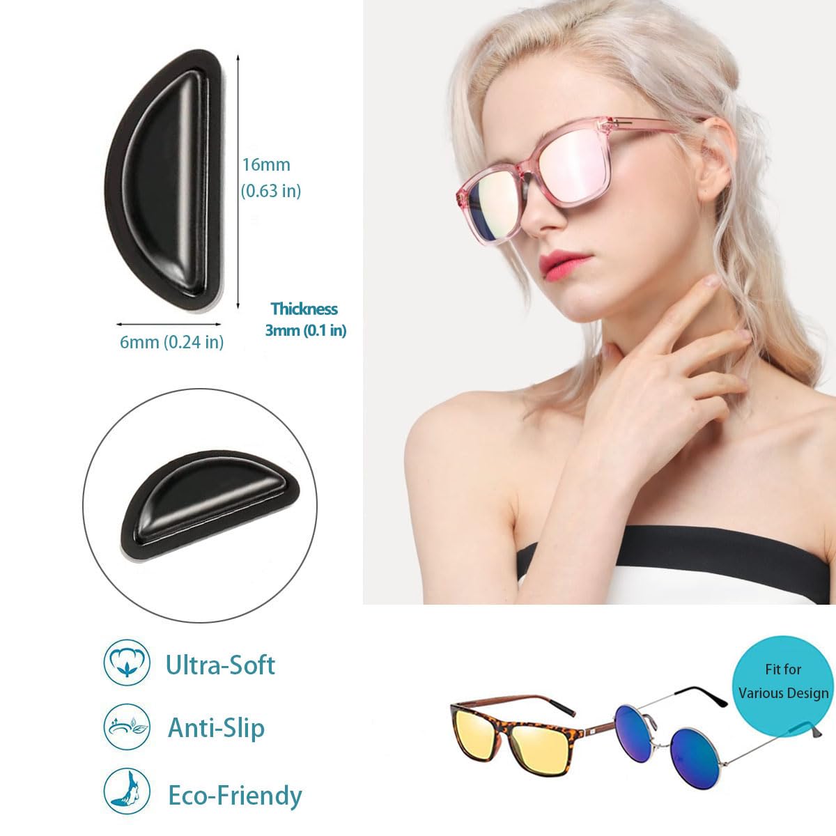 Close-up of 10 black PIPJOY nose pads for glasses.