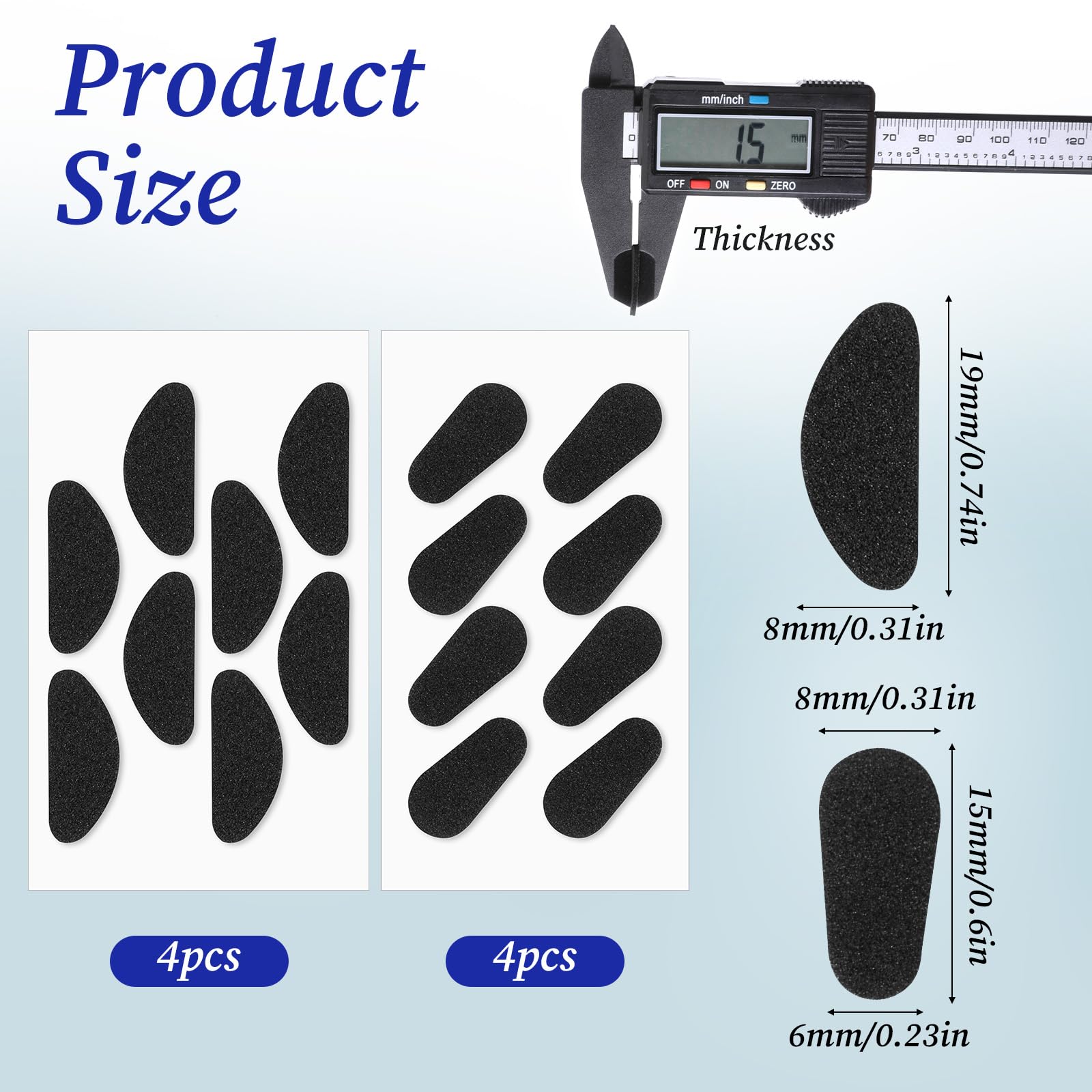 D-shaped and drop-shaped adhesive nose pads for glasses (two styles).