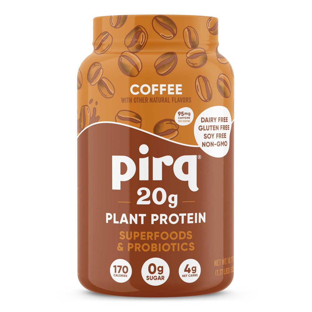 Pirq Dairy Free Protein Powder Coffee flavor tub label highlighting 20g plant-based protein and 25 superfoods