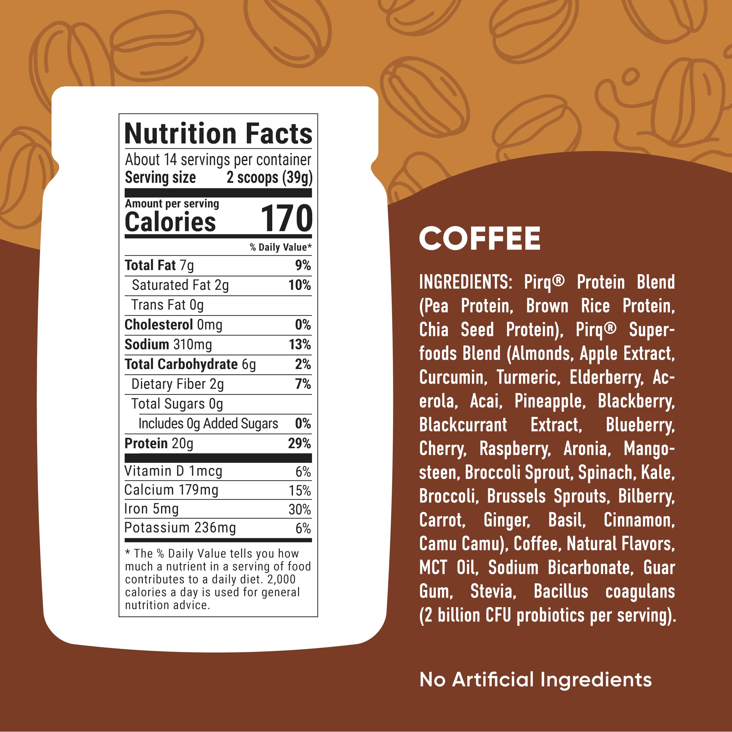 Pirq protein powder scoop closeup showing 20g plant protein per serving