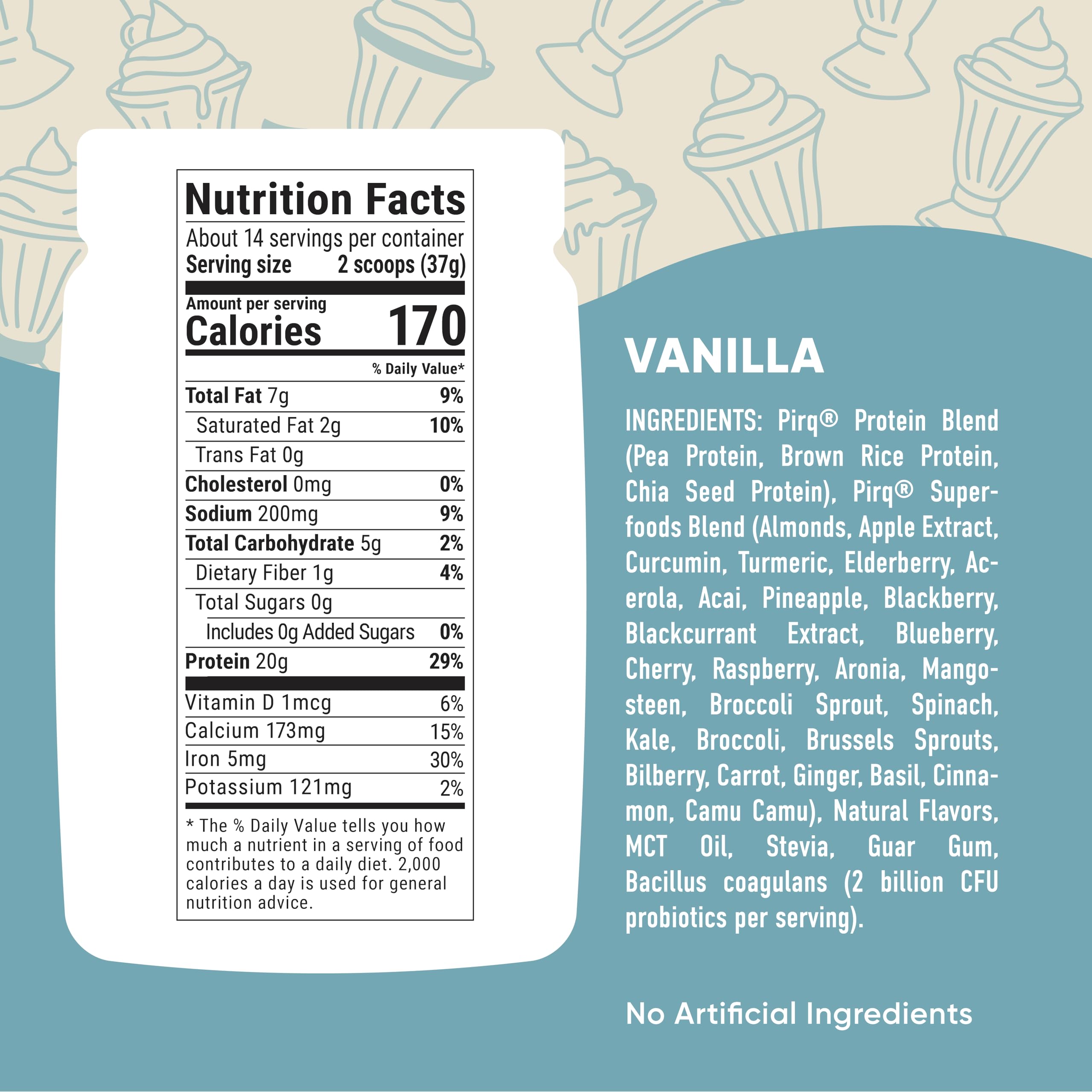 Pirq plant-protein blend highlights pea, brown rice, and chia ingredients.