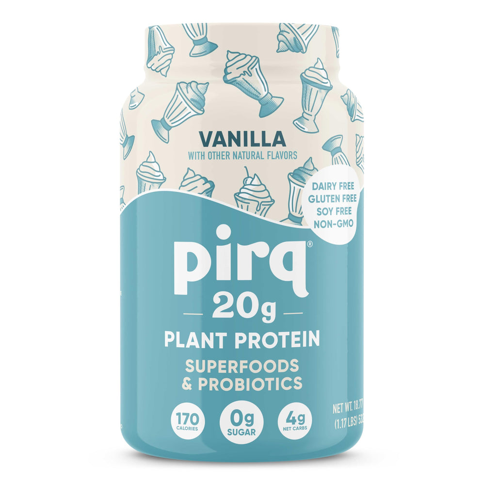 Pirq vanilla dairy-free protein powder canister ready for on-the-go shakes.
