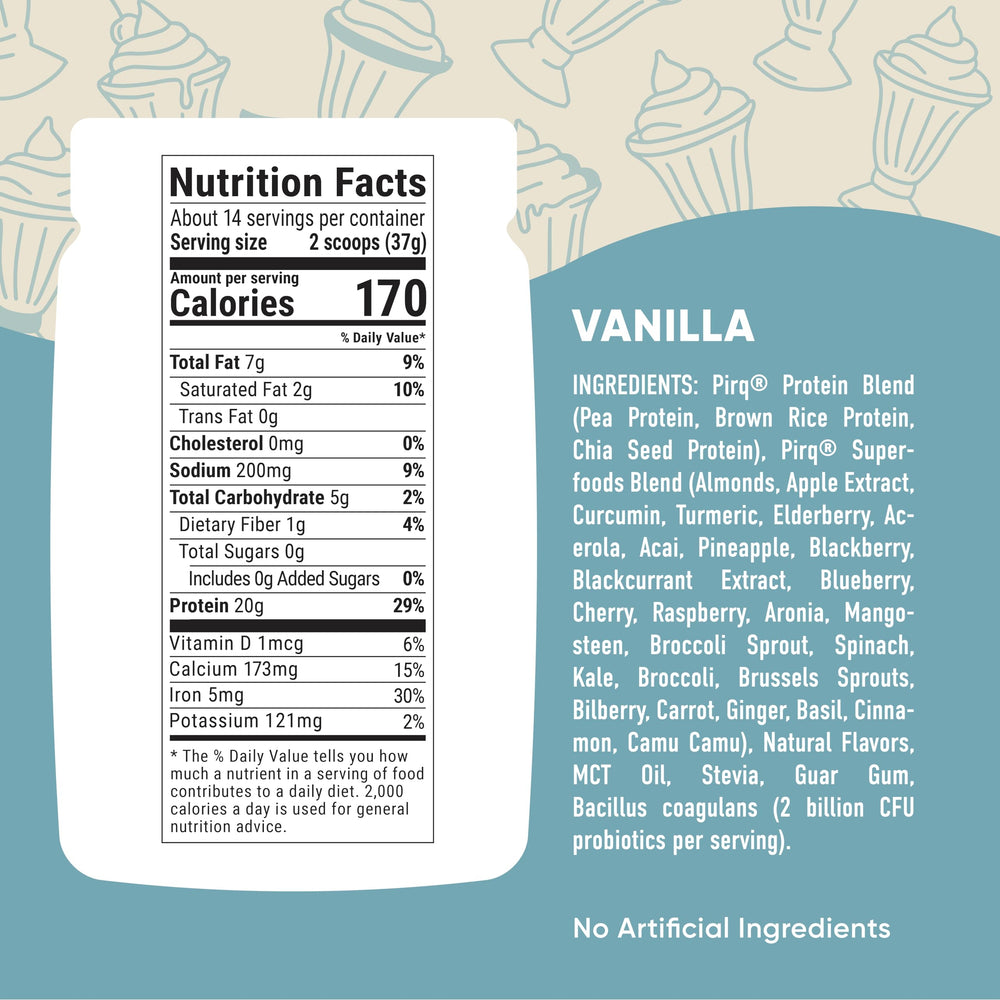 Pirq vanilla protein shake in a glass showcasing creamy texture.