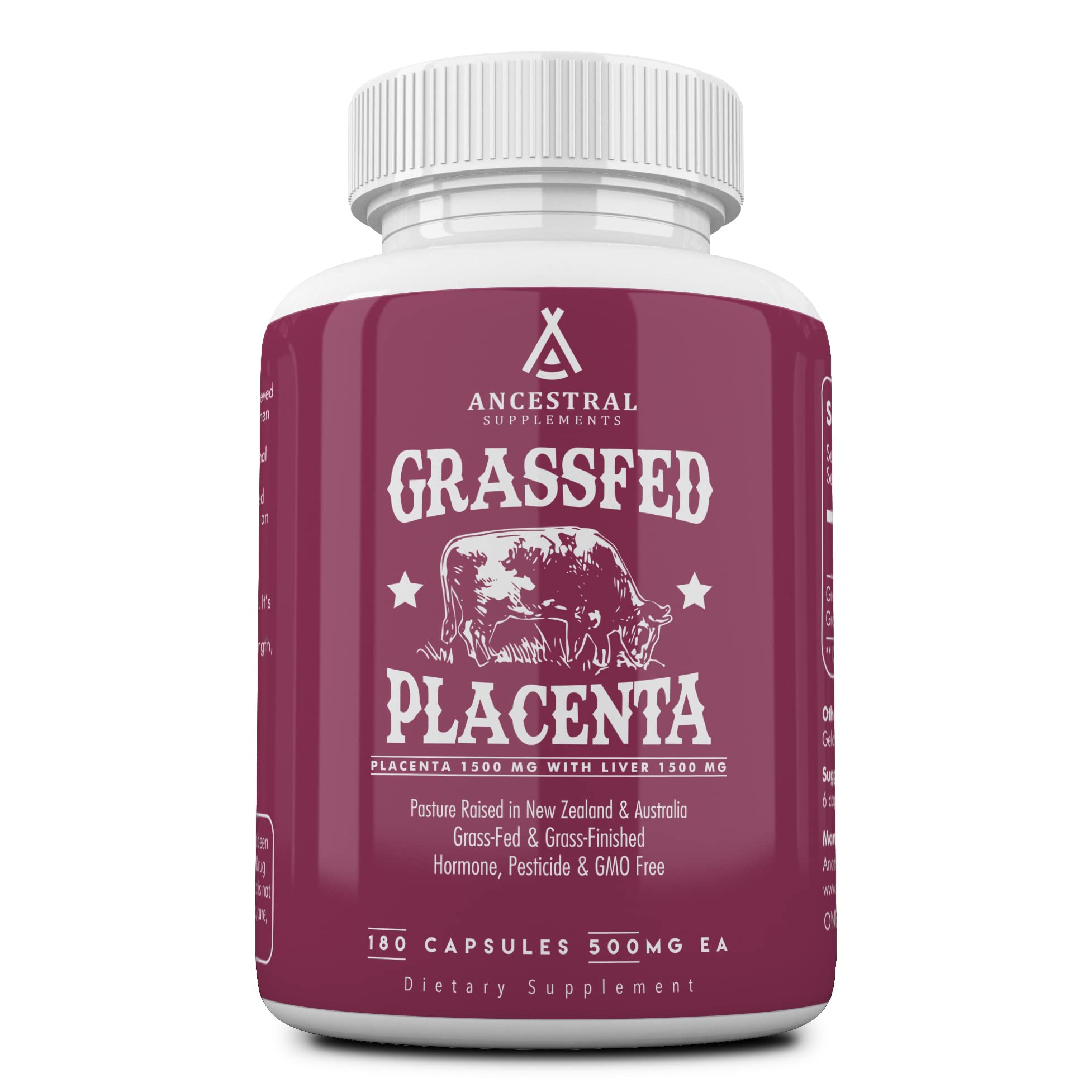 Bottle of Ancestral Supplements Grass Fed Placenta with Liver, 180 capsules