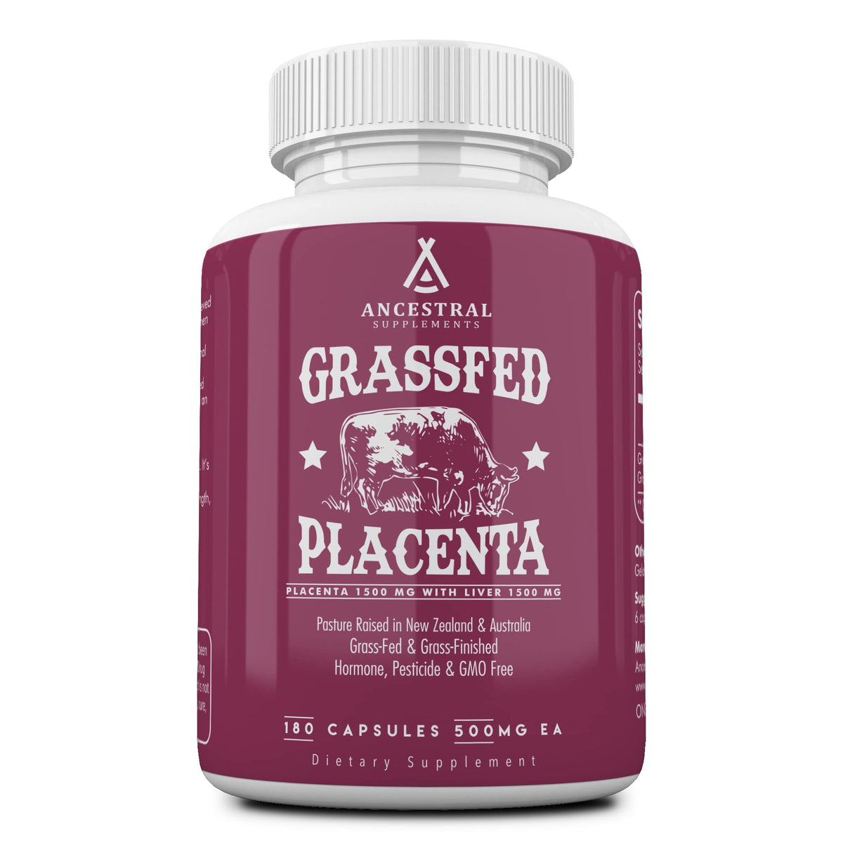 Bottle of Ancestral Supplements Grass Fed Placenta with Liver, 180 capsules