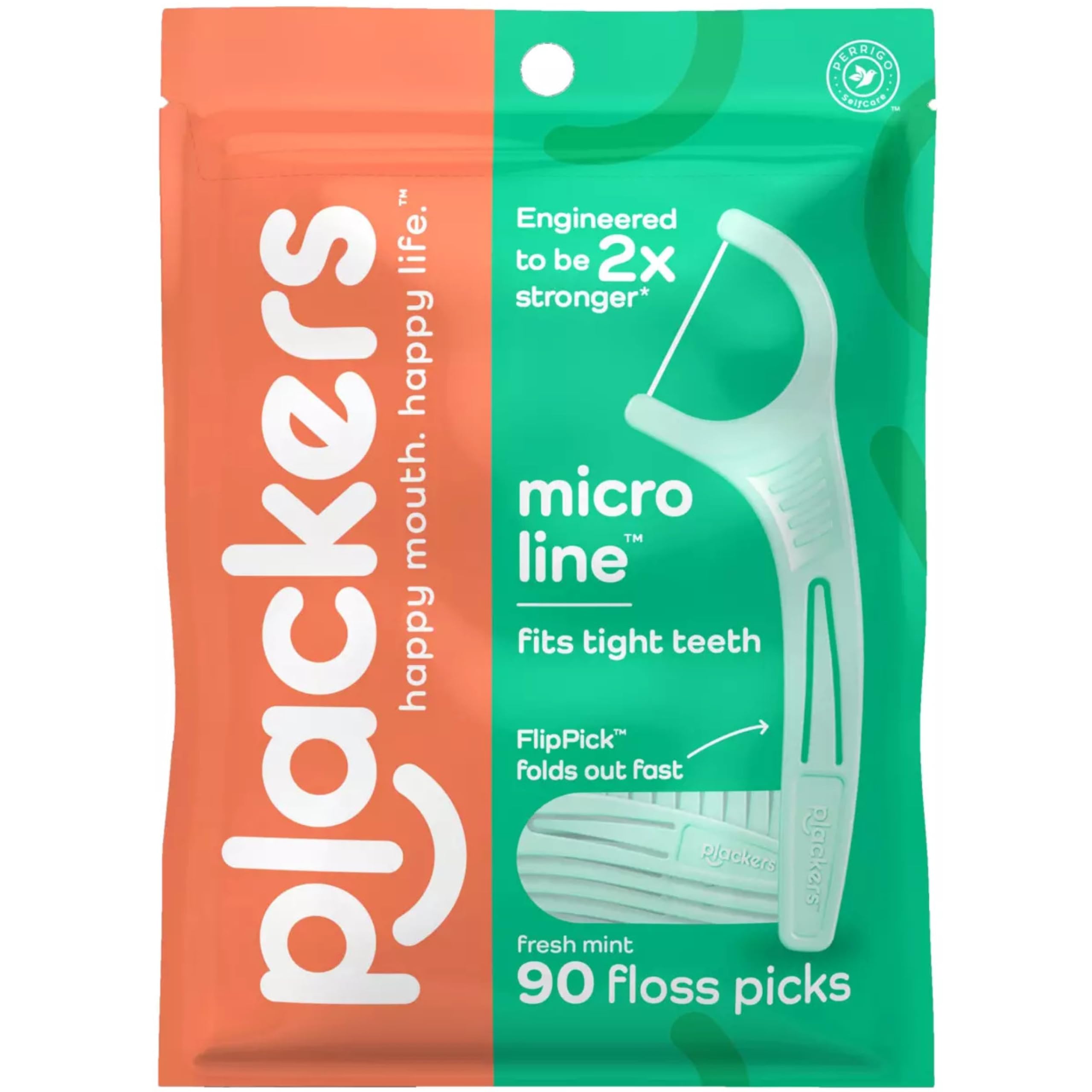 Front view of Plackers Micro Mint Dental Floss Picks 3-pack box