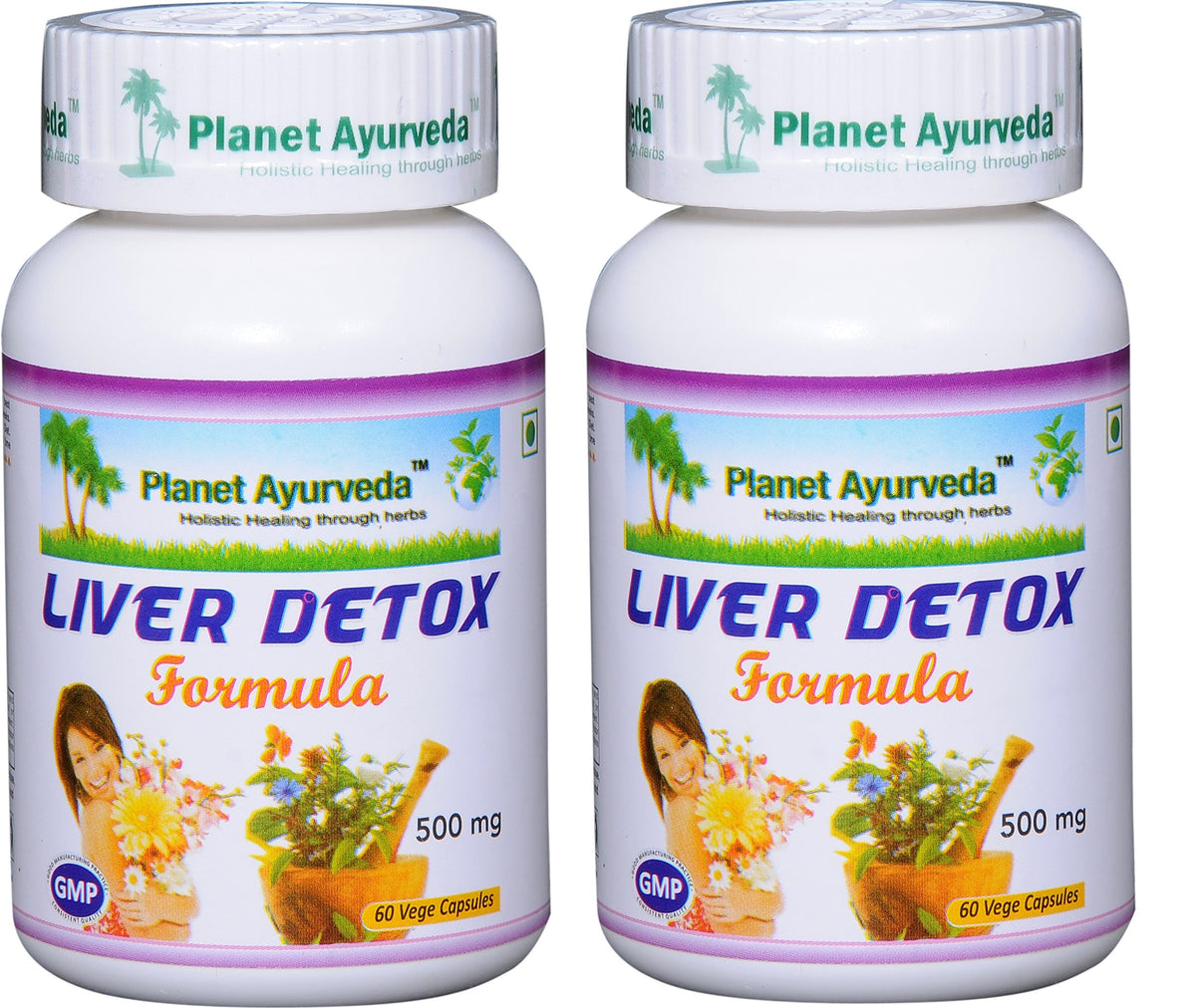 Planet Ayurveda Liver Detox Formula 500mg Veg Capsules – 2 Bottles, front view