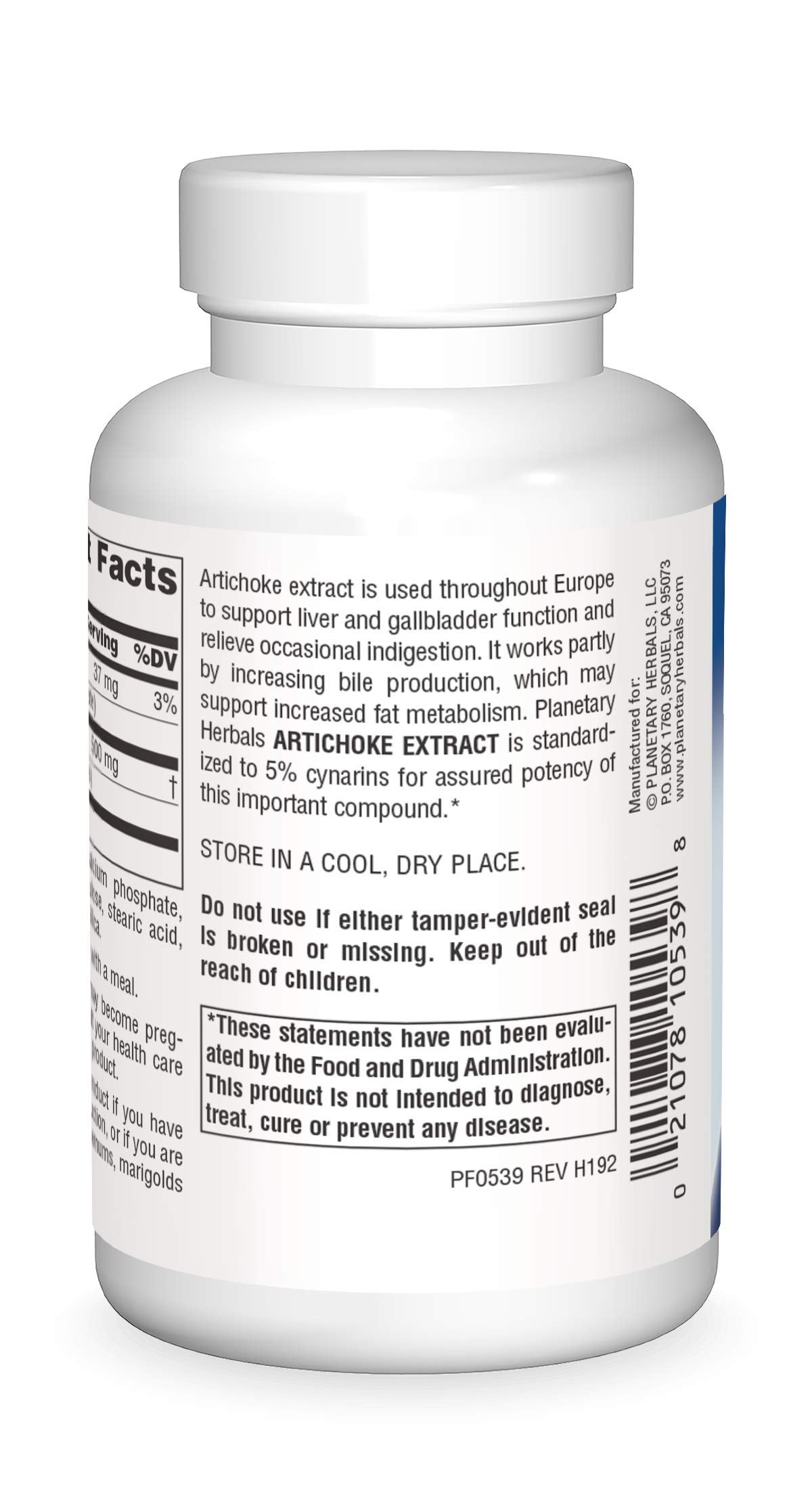Planetary Herbals artichoke extract tablets label detail highlights cynarin for digestion.