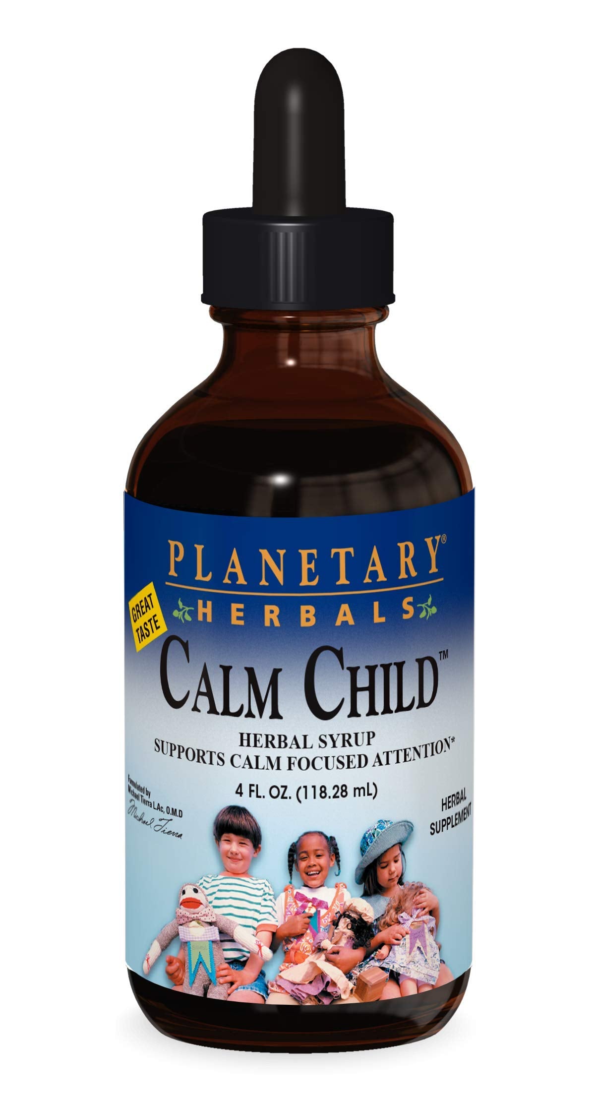 Planetary Herbals Calm Child bottle close-up, suggesting gentle calm and focus support.
