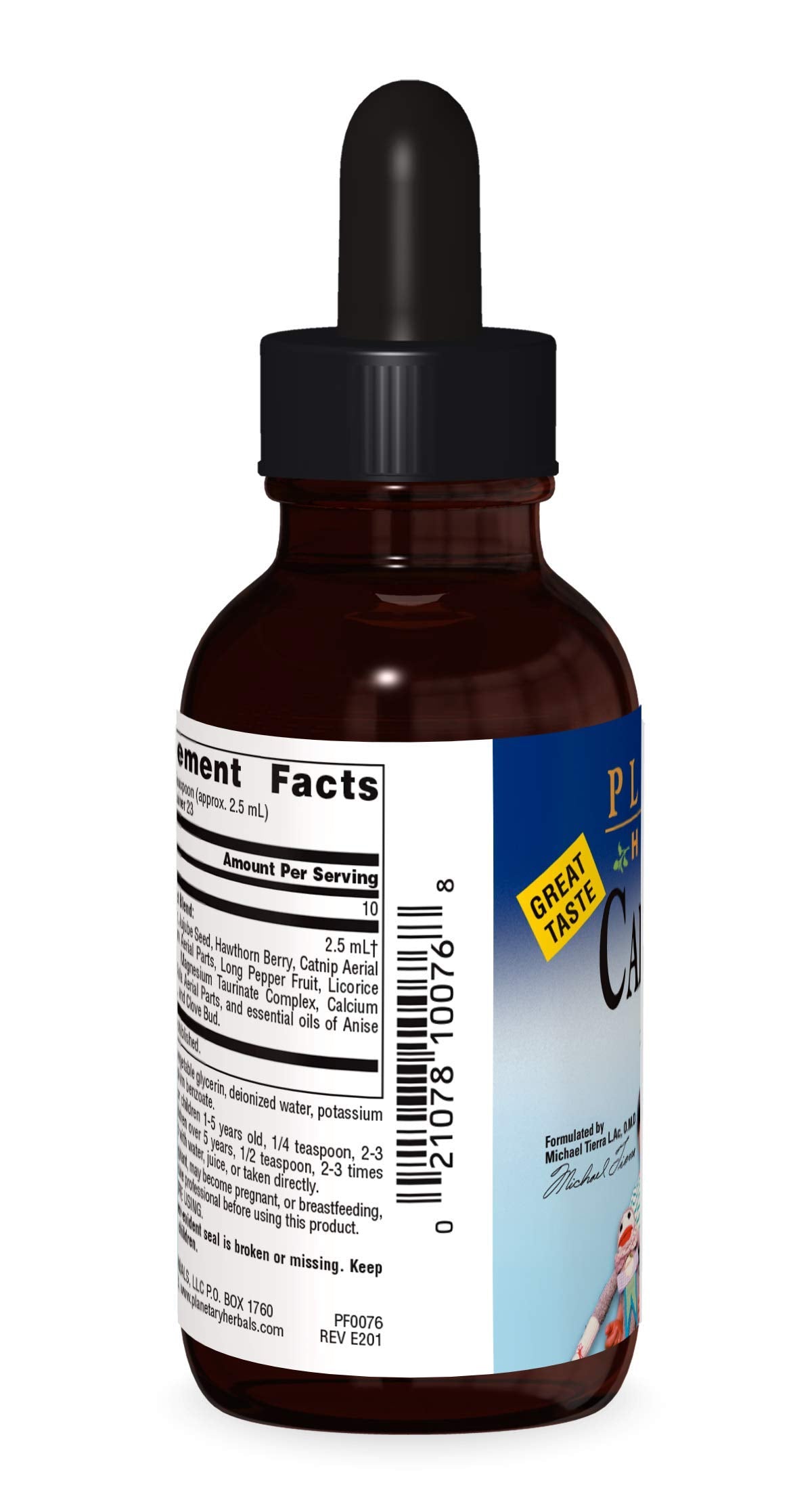 Calm Child bottle label close-up with 2 oz Syrup