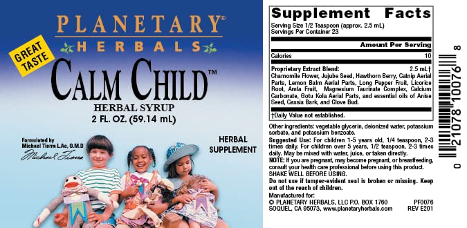 Calm Child label featuring Planetary Herbals branding