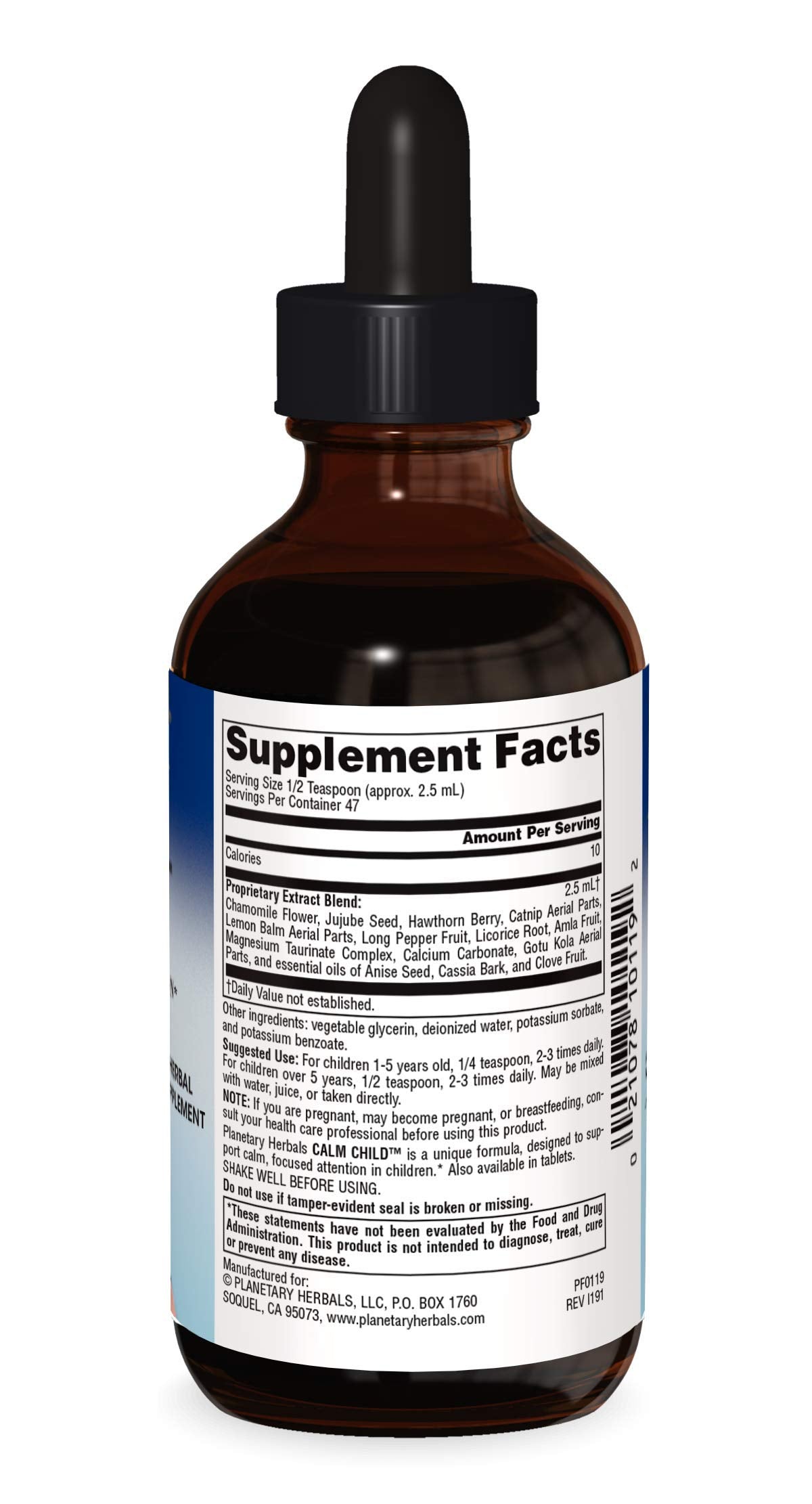 Planetary Herbals Calm Child taste and application scene demonstrates mix-with-water or direct-take.