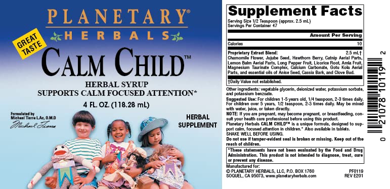 Planetary Herbals Calm Child taste and application scene demonstrates mix-with-water or direct-take.