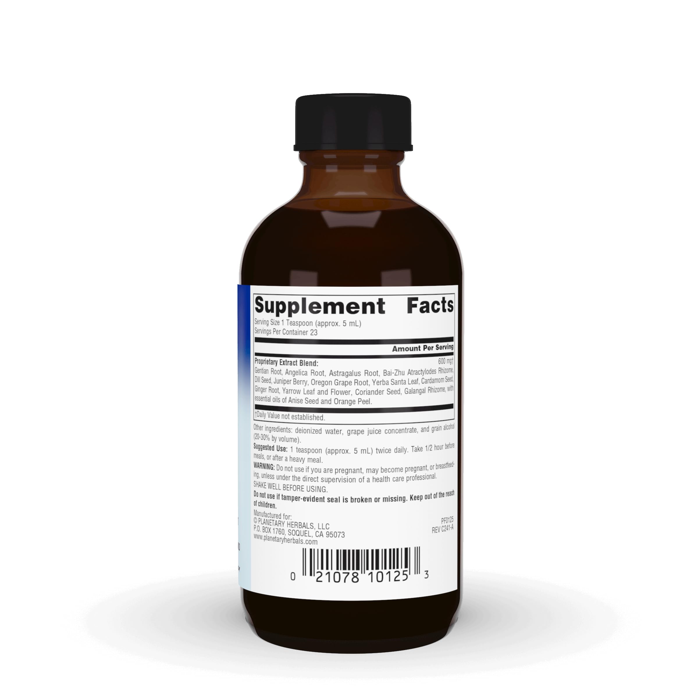 Supplement facts and bottle imagery for Digestive Grape Bitters