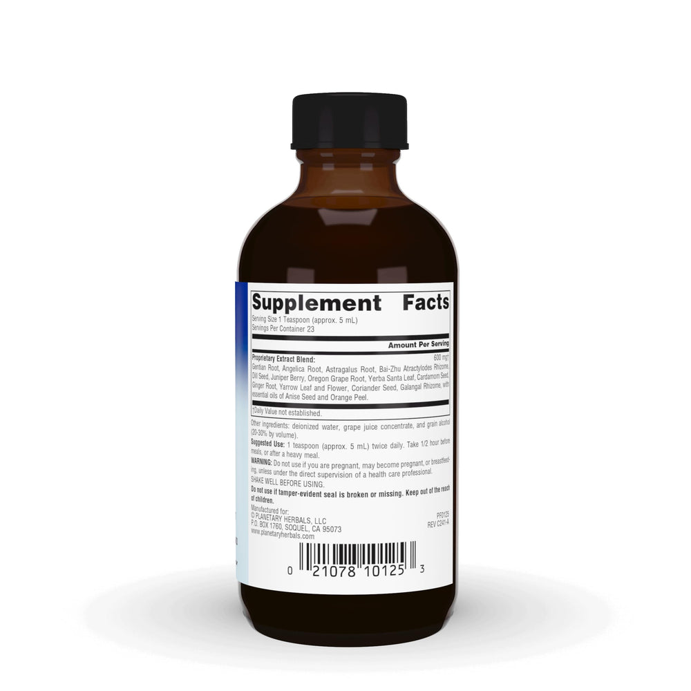 Supplement facts and bottle imagery for Digestive Grape Bitters