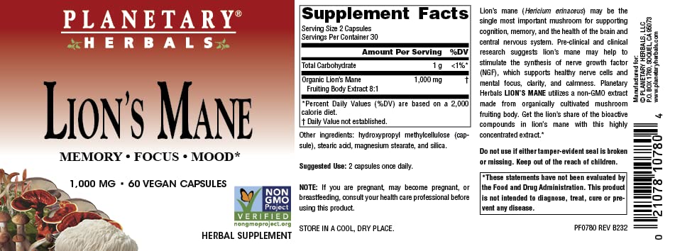 Supplement facts panel on Lion's Mane bottle