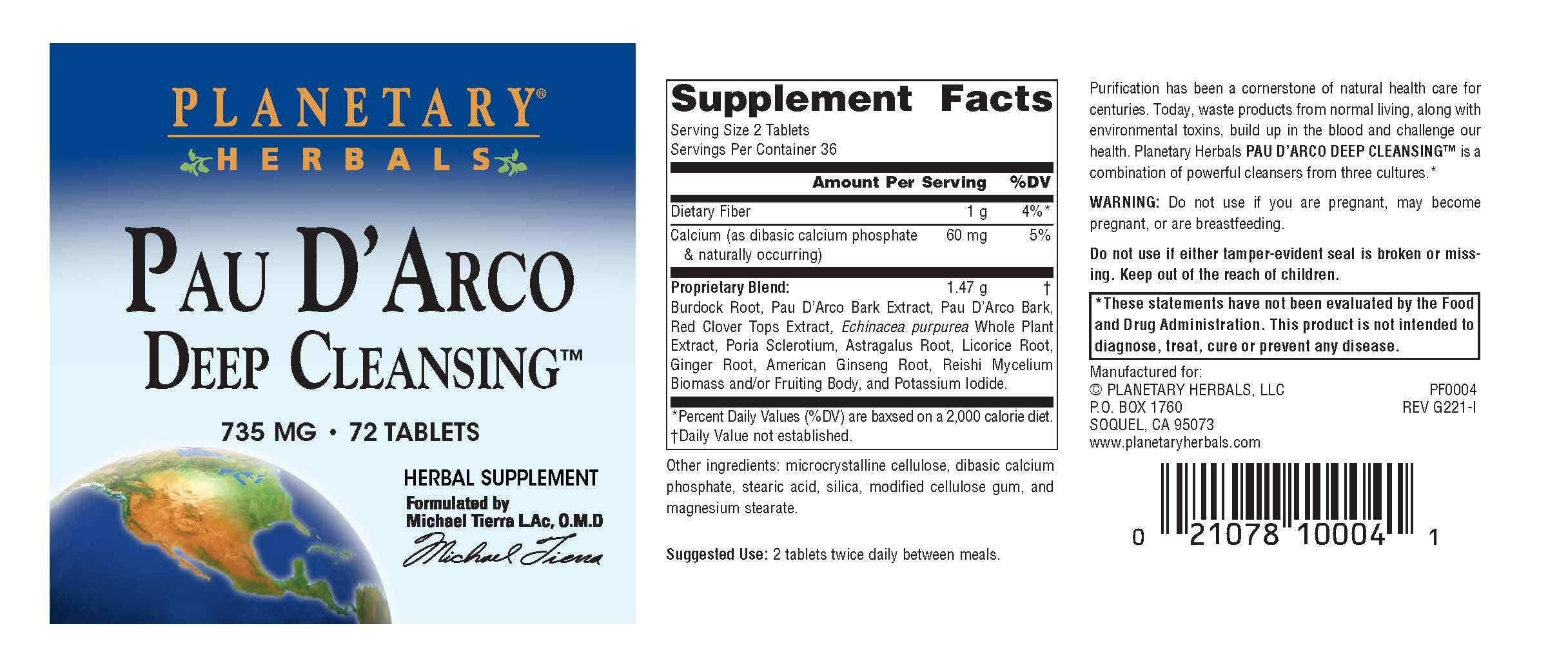 Bottle with capsules and label of Planetary Herbals Pau D'Arco Deep Cleansing