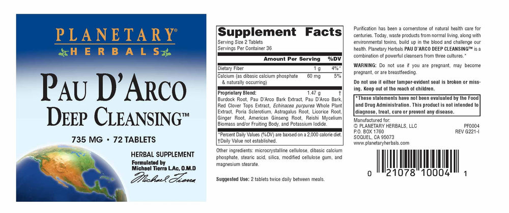 Bottle with capsules and label of Planetary Herbals Pau D'Arco Deep Cleansing