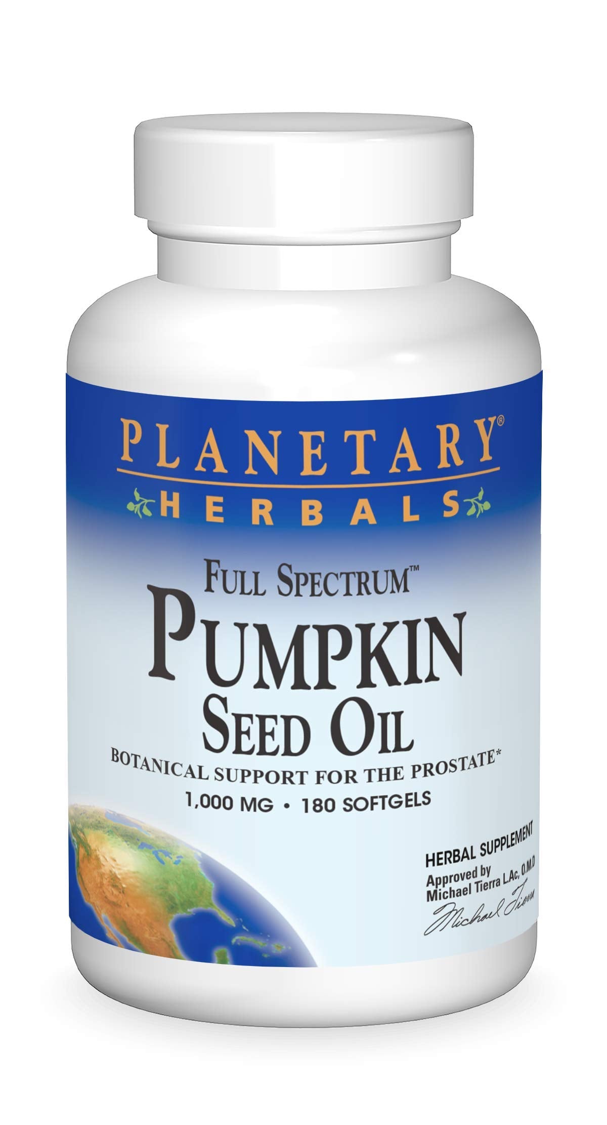 Planetary Herbals pumpkin seed oil bottle label, 1000 mg, 180 count