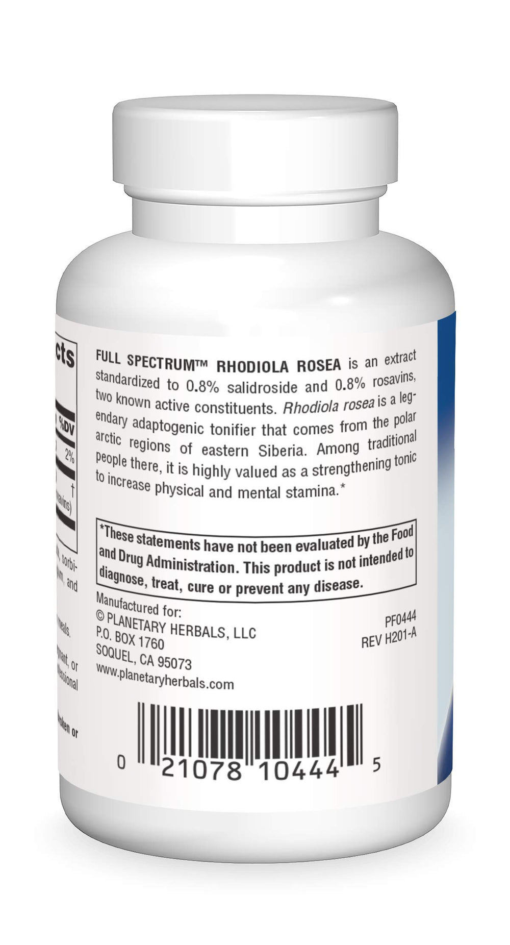Bottle of Planetary Herbals Rhodiola Full Spectrum tablets – back view with label