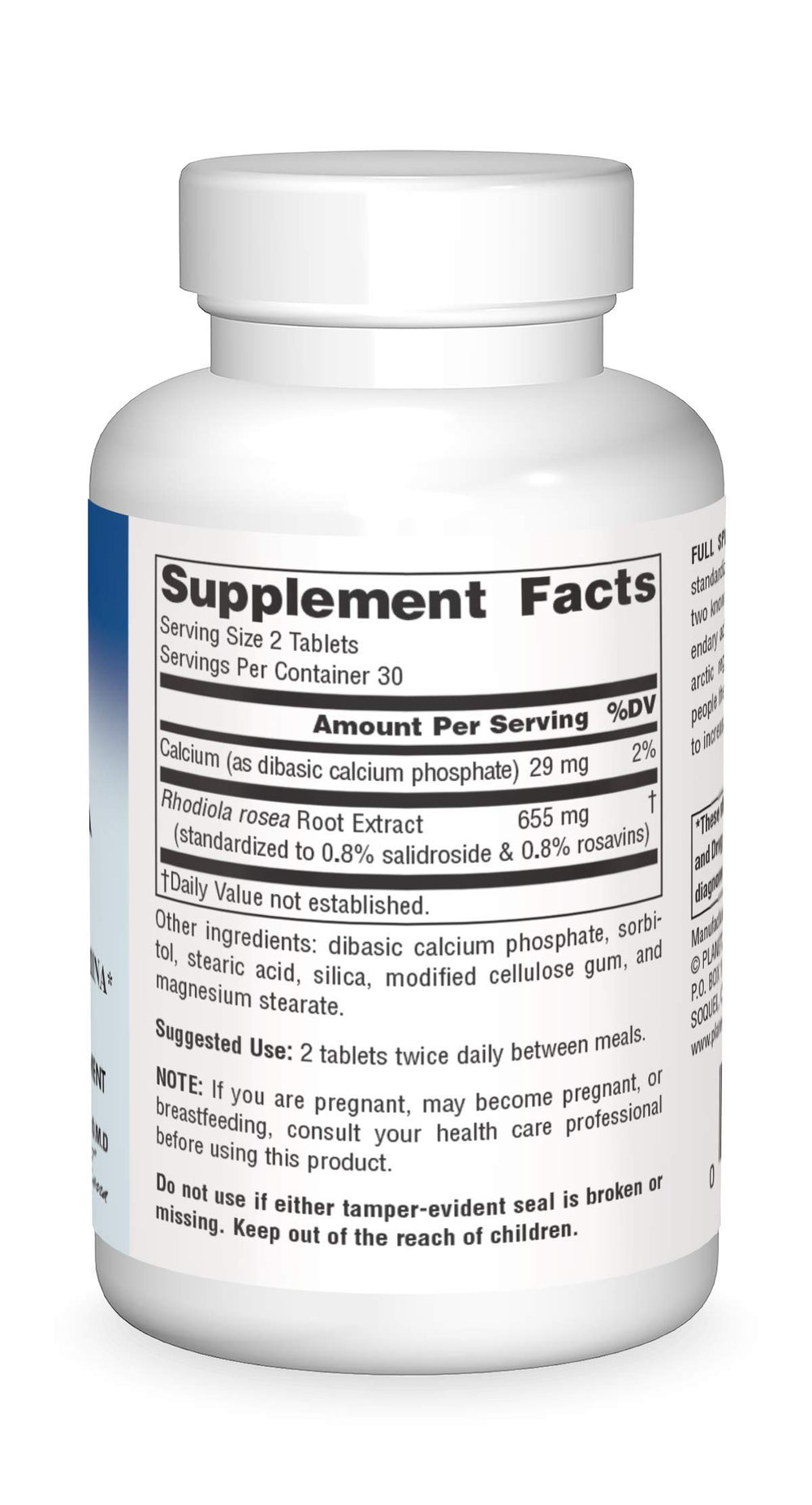 Supplement facts panel showing 0.8% salidrosides and 0.8% rosavins