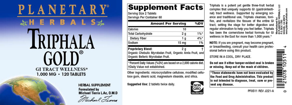 Triphala Gold tablets spilled on a white background