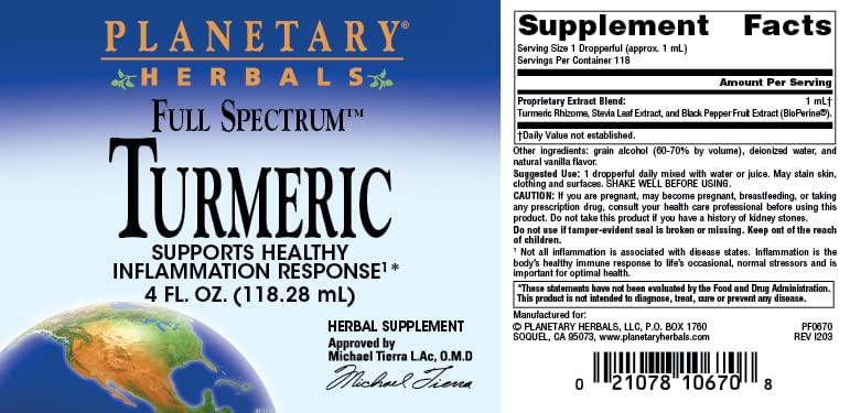 Planetary Herbals Turmeric Extract Full Spectrum Liquid ingredients panel 4 oz