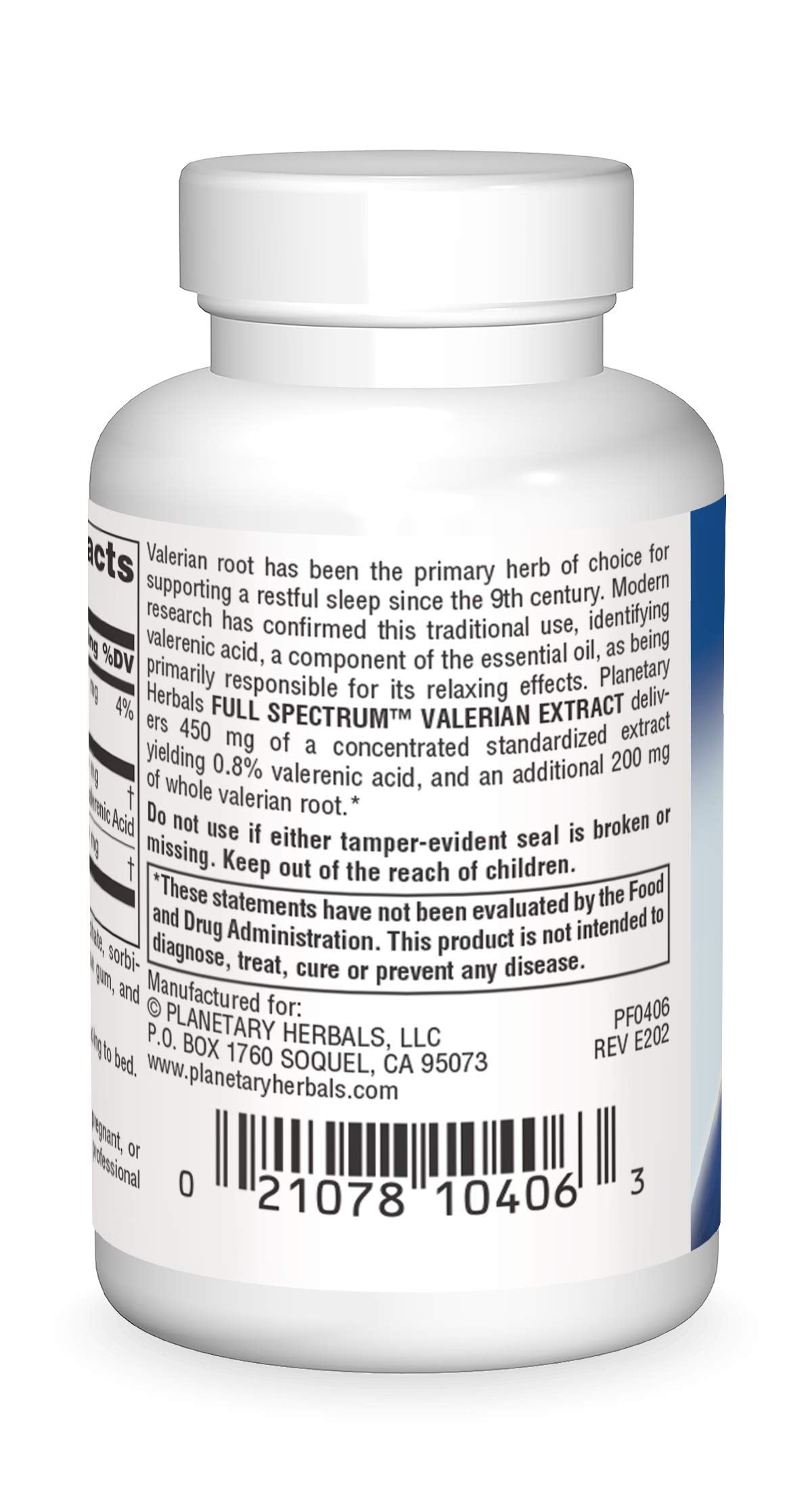 Label showing 450 mg standardized valerian extract with 0.8% valerenic acid