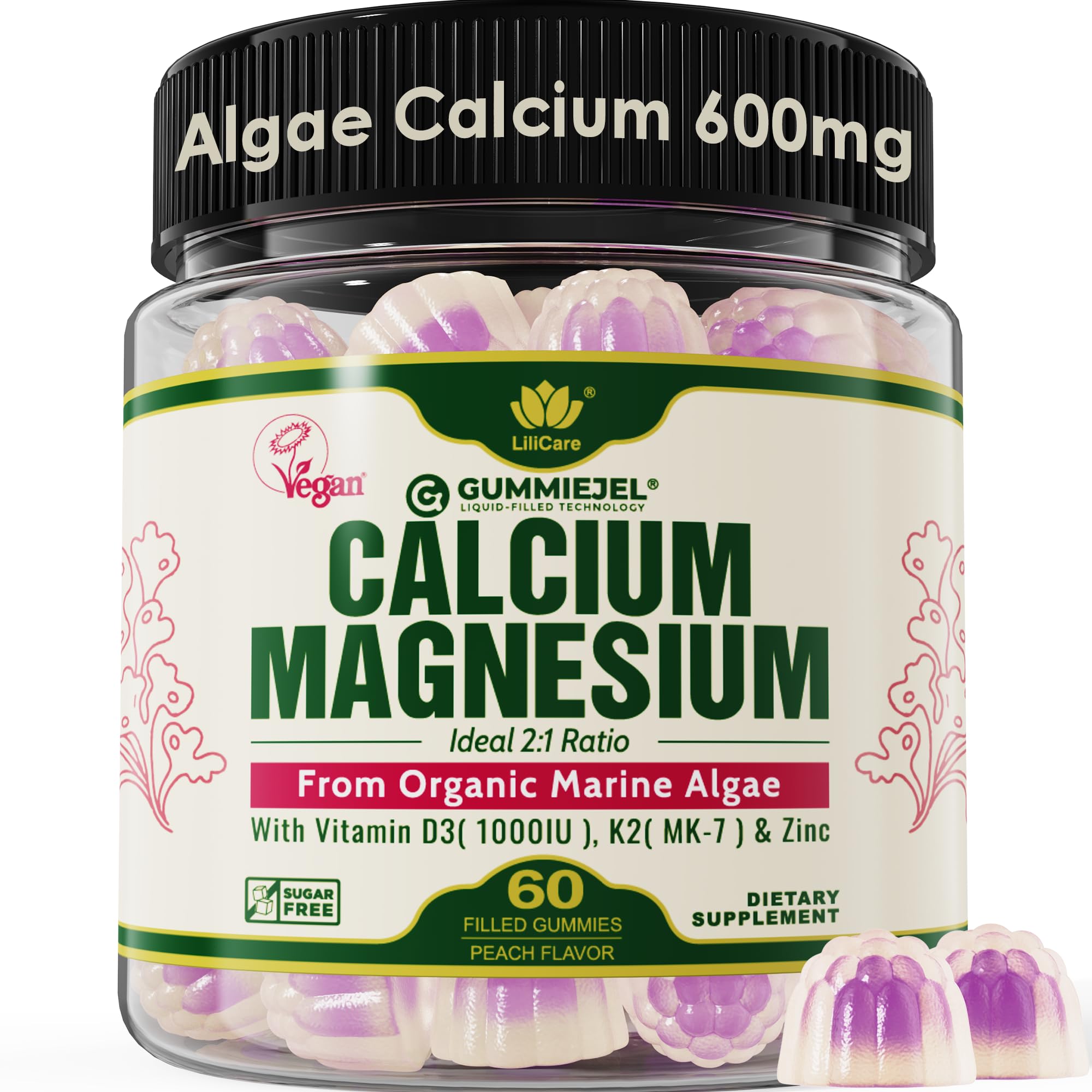 Bottle of Plant Based Calcium Gummies 600mg with D3 K2 Magnesium and Zinc